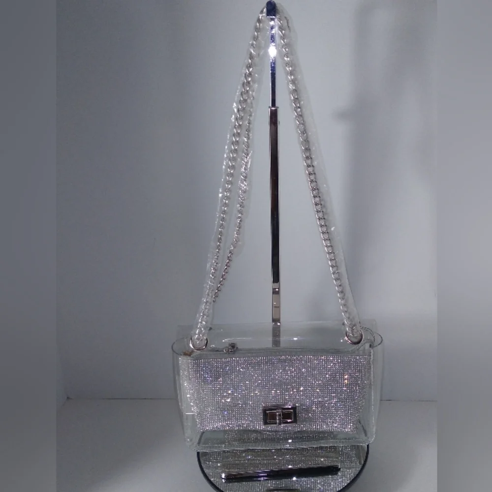 Elegant Clear/Silver Crystal-Embellished Removable Pouch  Bag
